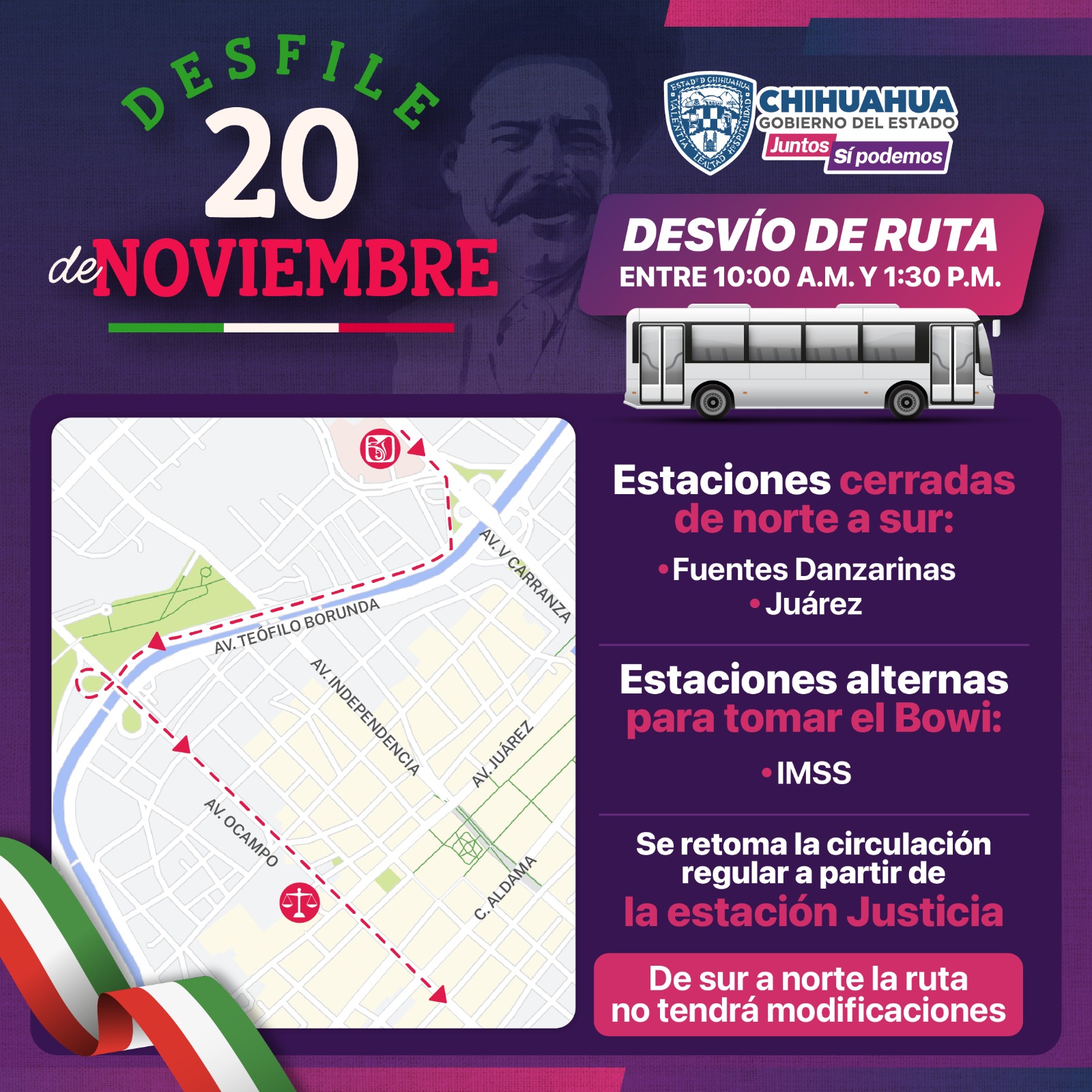 Anuncian cambios en rutas de transporte público por desfile del 20 de